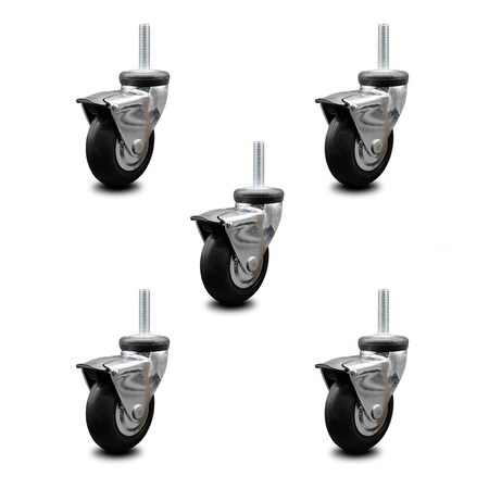 Service Caster 3 Inch Hooded Neoprene Rubber 10mm Threaded Stem Casters with Brakes SCC, 5PK SCC-TS03S310-NPRB-BC-B-M1015-5